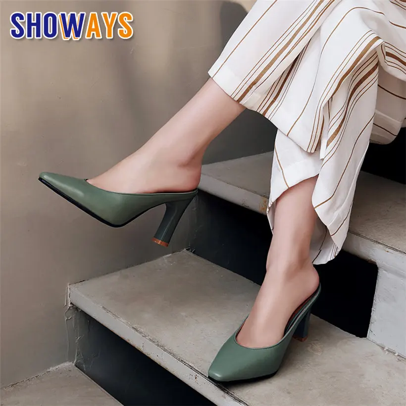 

Big Size Women Mules Black Yellow PU Chunky High Heel Shallow Pumps Slip-on Square Toe Slippers Casual Summer Lady Brand Sandals