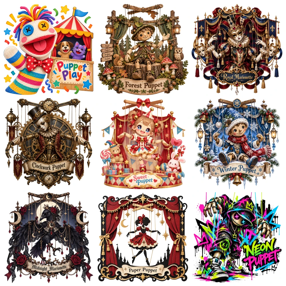 9-Piece Set of Puppet-Themed Iron-On Appliqué Patches, Washable Heat-Transfer Decals