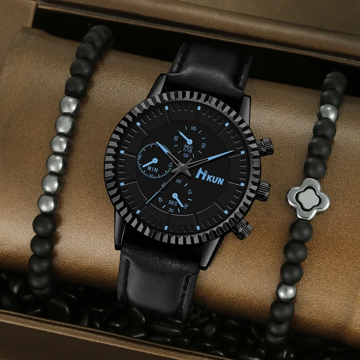 ساعة بسوار جلدي أسود للرجال ، ساعات يد كوارتز ، سوار رياضي ، مجموعة هدايا فاخرة ، عمل ، جديد