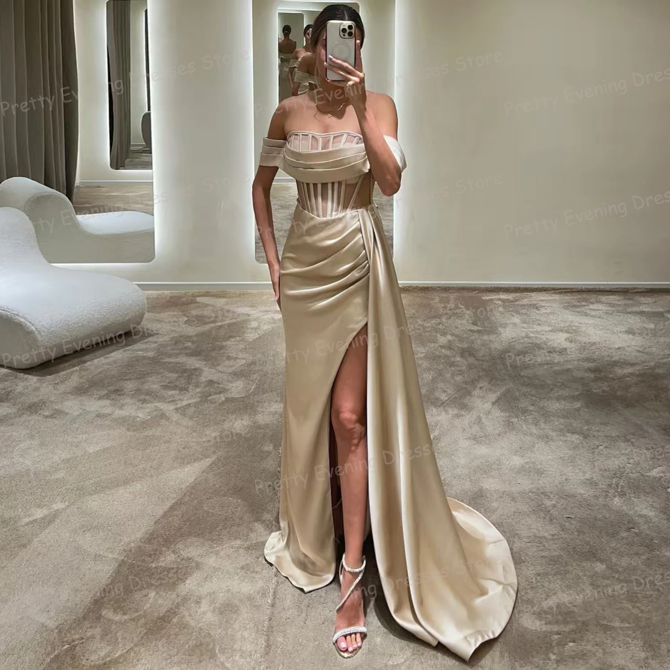 Fashion Sexy Evening Dresses Sleeveless Woman's Cut Out Mermaid Prom Growns Customized High Side Split Off Shoulder Vestido Gala