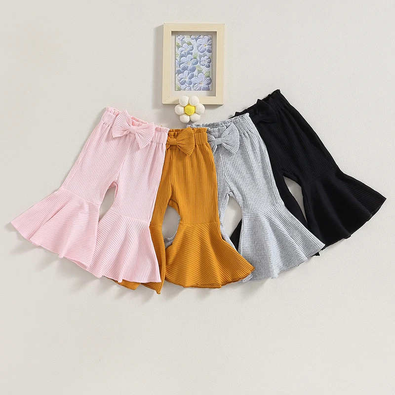 

Toddler Infant Baby Girl Flare Pants Solid Color Ribbed Trousers Bowknot Elastic Waist Fall Cute Bell Bottom 3Pcs Set