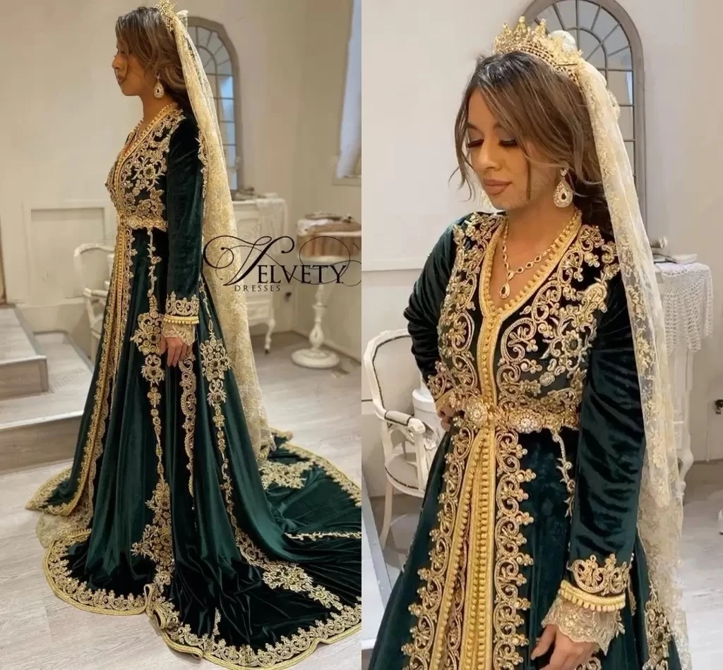 Luxury Moroccan Kaftan Evening Dress Emerald Green Long Sleeve Islamic Prom Dresses Velvet Applique  Vestido De Noiva Customized