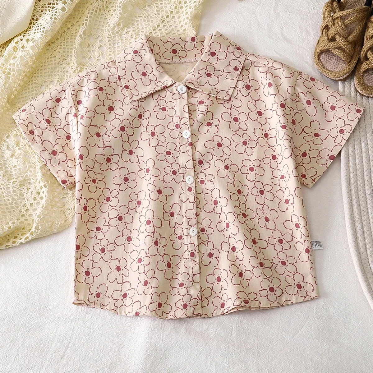 New 2025 Boys Summer Thin Beach Shirts Children's Cartoon Striped Letter Print Short Sleeve Lapel Shirt Top Kids Casual Clothing