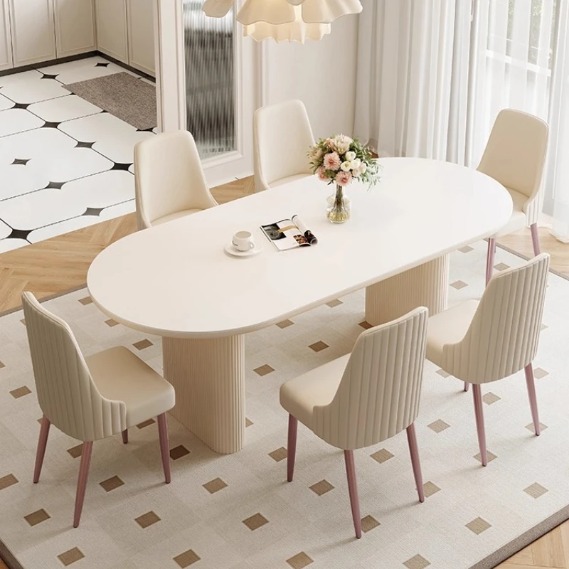 

Cream wind rock board dining table light luxury new simple household small apartment oval white French retro dining
