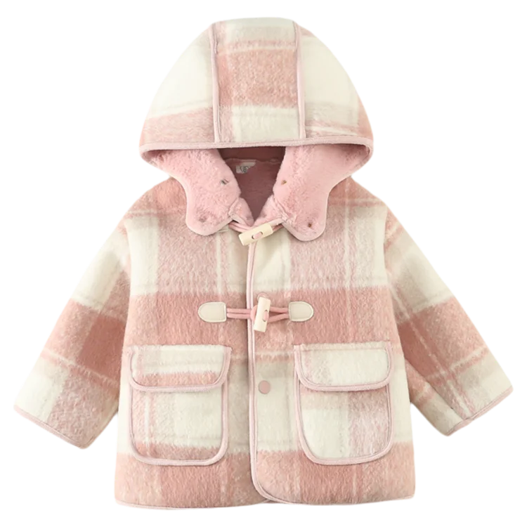 Girl's Stylish Hooded Coat: Pink Checkered Duffle Jacket, Warm Cozy Woolen Fabric, 2-9 Years Kids Trendy Fall/Winter Outerwear
