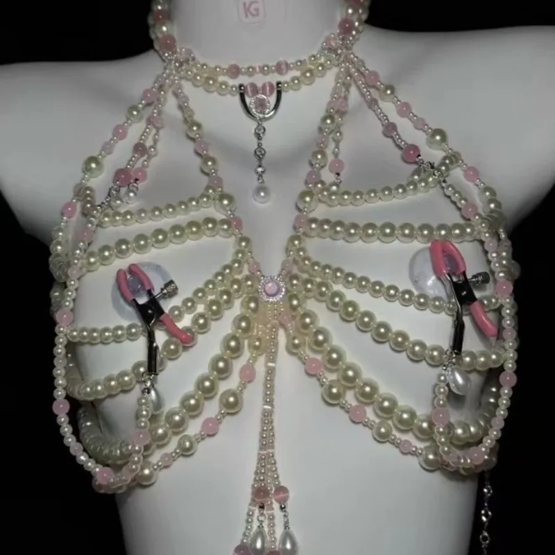 Unique Complex Structures Beaded Chain Pink And White Contrast Colors Full Body Jewelry Harness Gothic Punk Lingerie Accessories