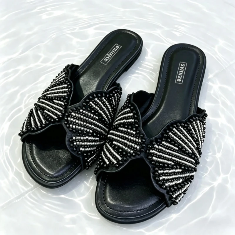 Fashion Faux Pearl Appliques Detail Flat Sandals for Women Elegant Round-Toe Open-Toe Flat Slide Sandals Comfortable Women Shoes