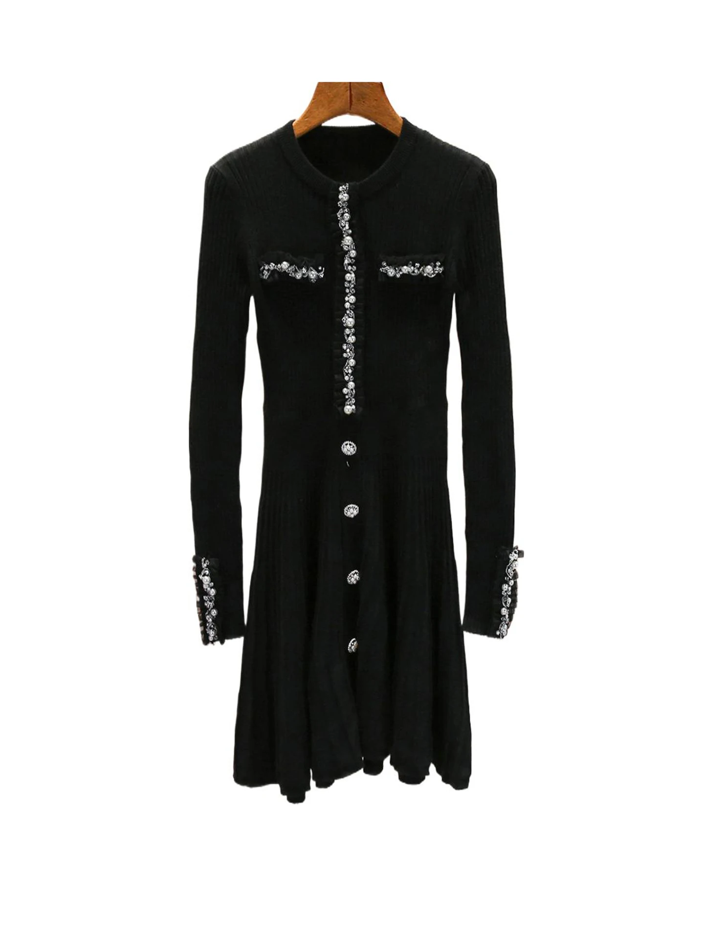 Haut de gamme tricoté Dr femmes taille haute perles lourdes conception Sensation jupe trapèze longue Sve ronde Ne confortable Brea...