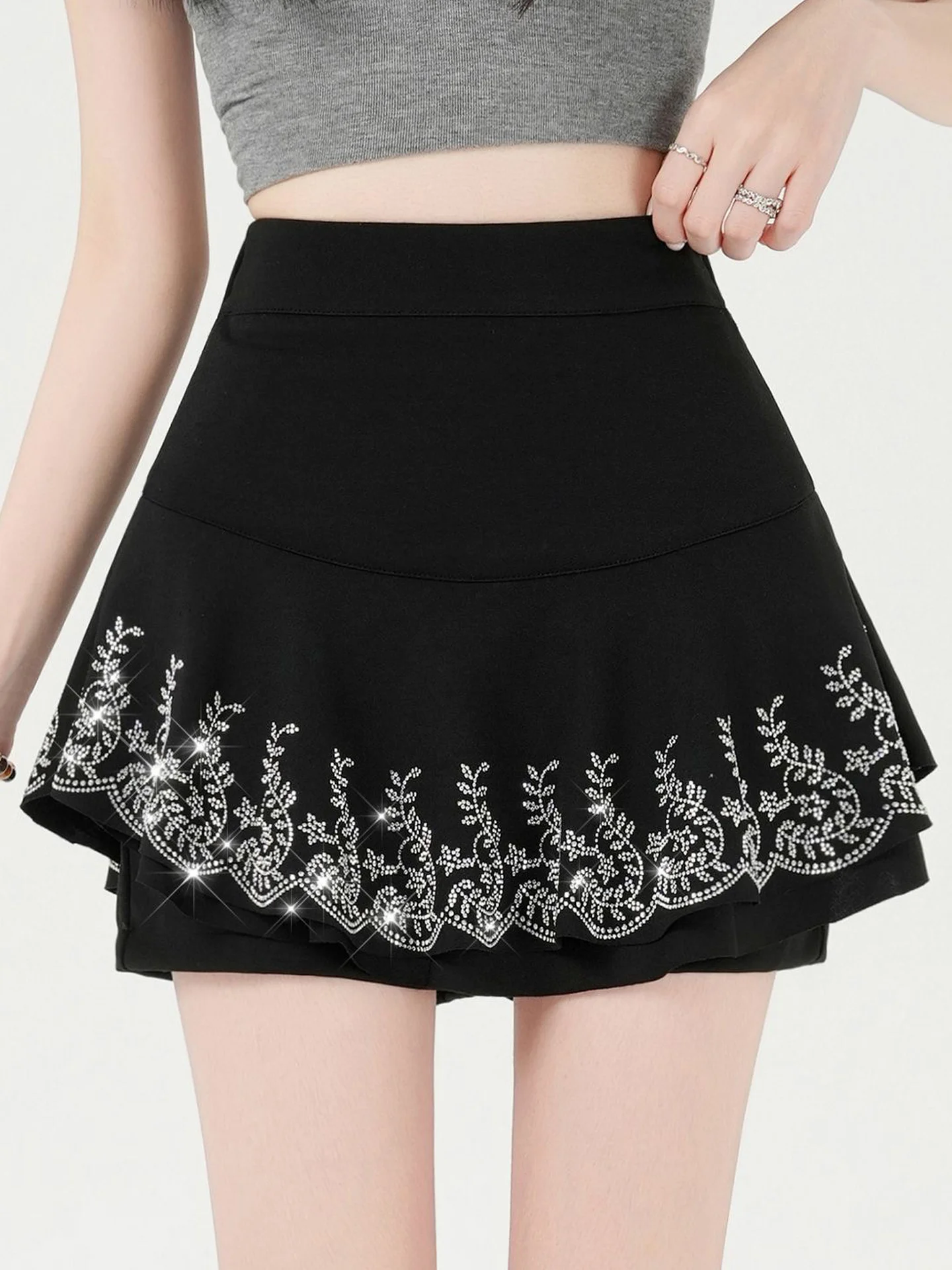 High Waist A-Line Short Skirt Women's Faux Diamond Lace Trim Anti-Light Summer New Style Korean Style Baking Skirt