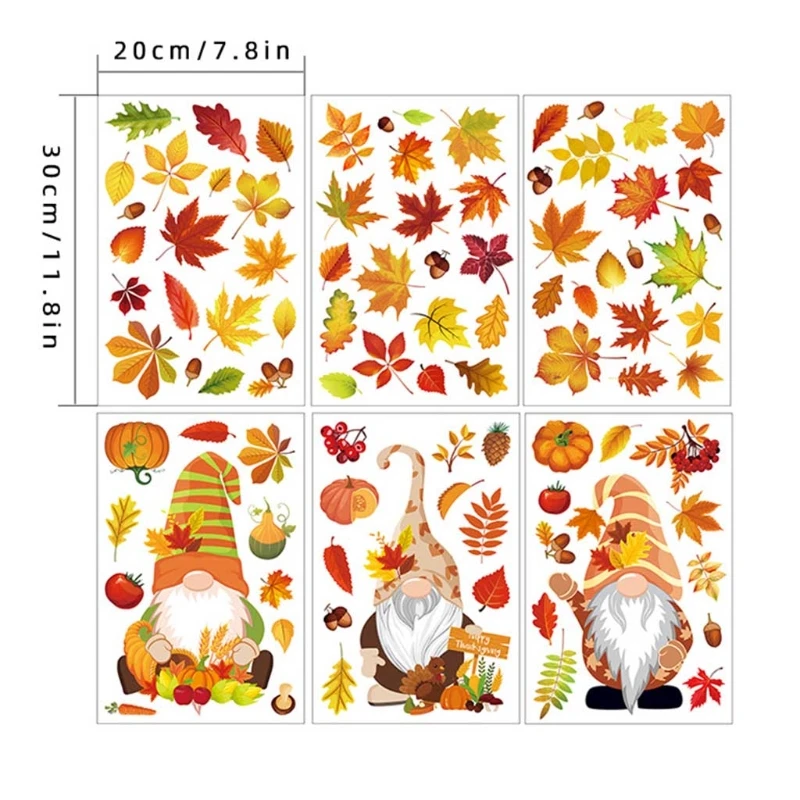 6 Sheets Autumn Thanksgiving Gnomes Window Clings Decal Fall Pumpkin Maple Leaf Electrostatic Stickers Wall Decor