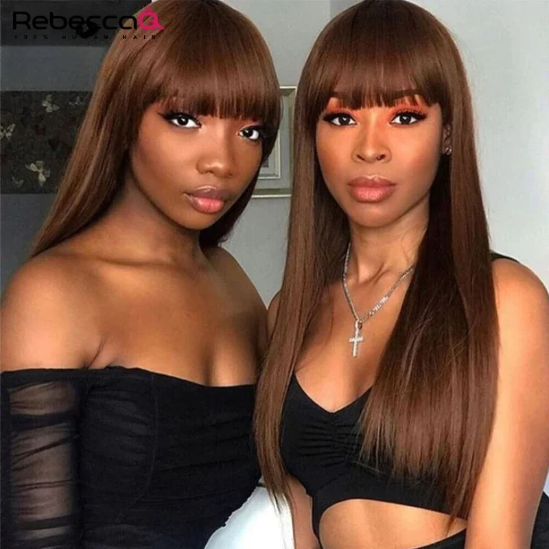 Brown 4# Bone Straight Human Hair Wigs With Bangs For Women Natural Brown Brazilian Remy Hair Full Machine Made Long Hair Wigs