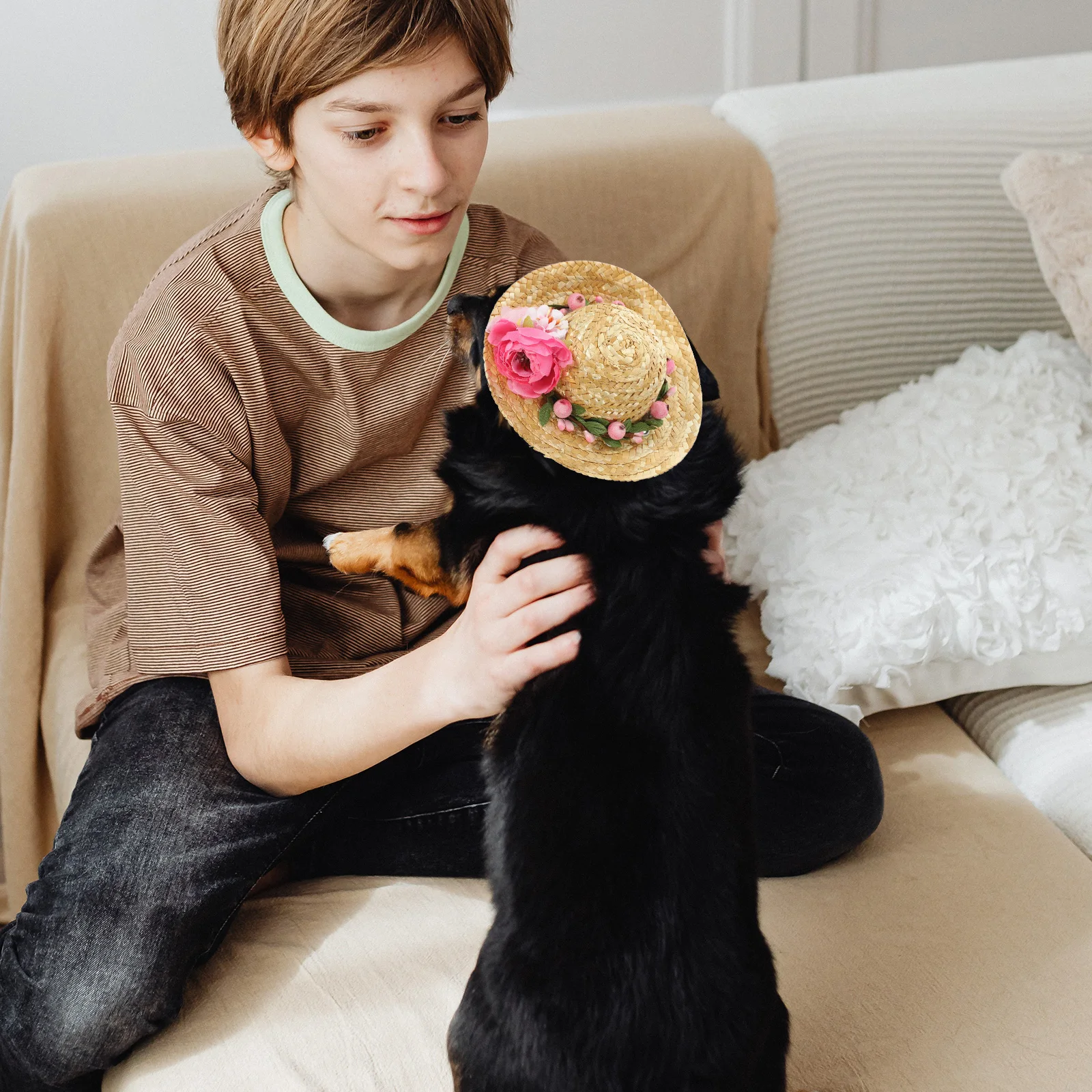 

Cute Dog Straw Hat with Pink Flower Sunscreen Visor for Pets Birthday Halloween Christmas Gifts Dog Hats Pet Supplies