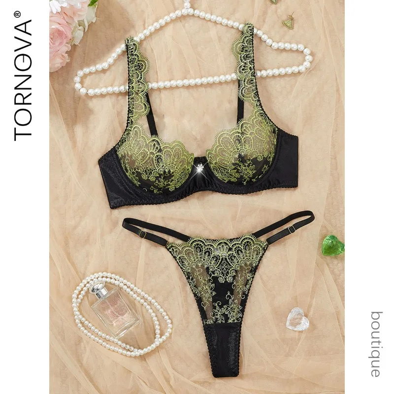 

Tornova Sexy Lingerie Panty 2PCS Mesh Embroidery See-through Women Slim Backless Erotic Hollow Seductive Intimate Underwear Set