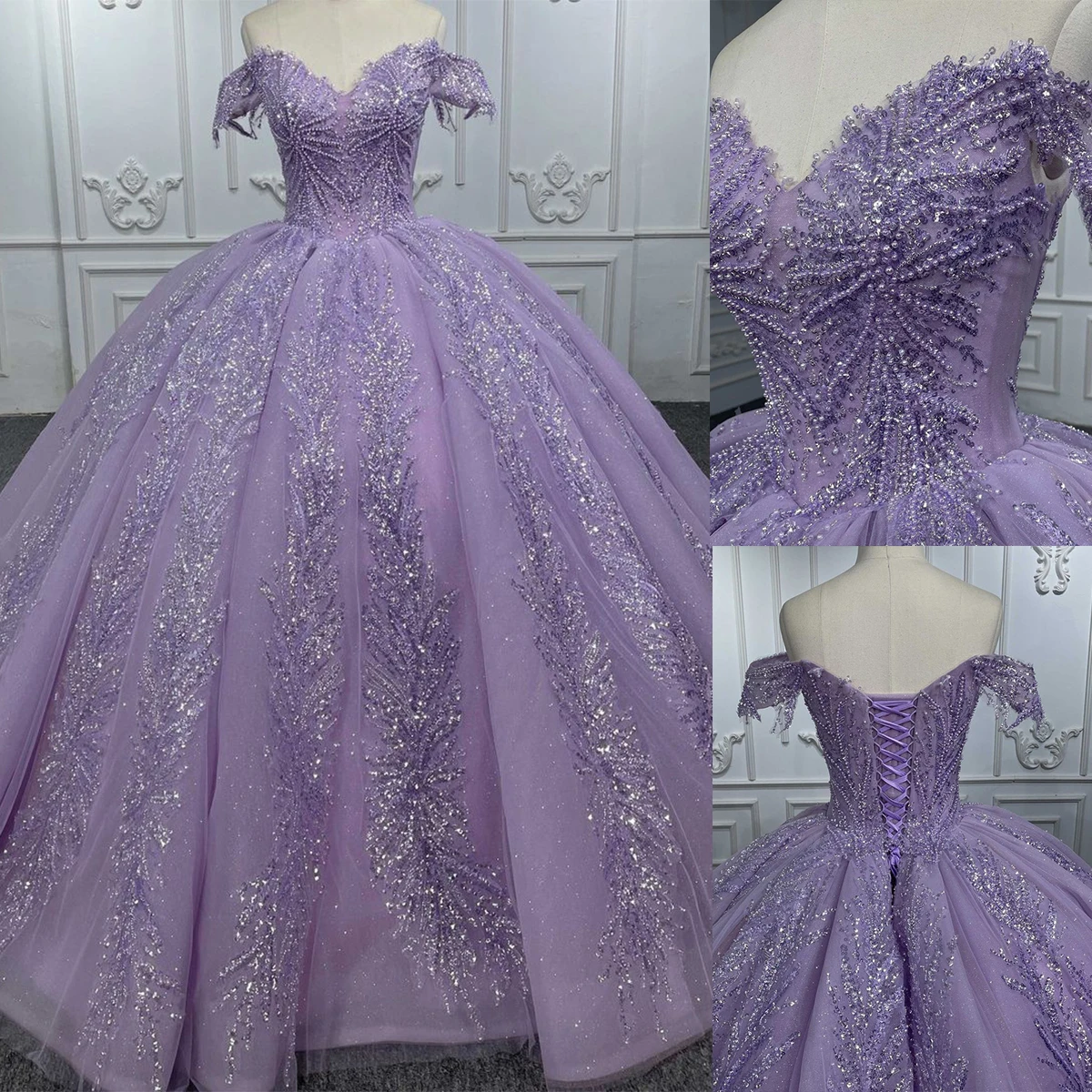 Delicate Ball Gown Quinceanera Dresses For Women Appliques Beads Gowns Slim Fit Off-Shoulder Party Prom Court Train Dresses