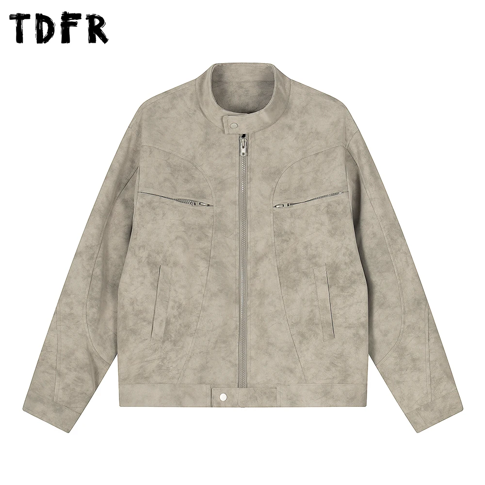 

Мотоциклетная куртка с несколькими карманами, мужская ретро-карго, осенне-зимняя куртка-стойка с воротником-стойкой и длинными рукавами, мужская кожаная куртка