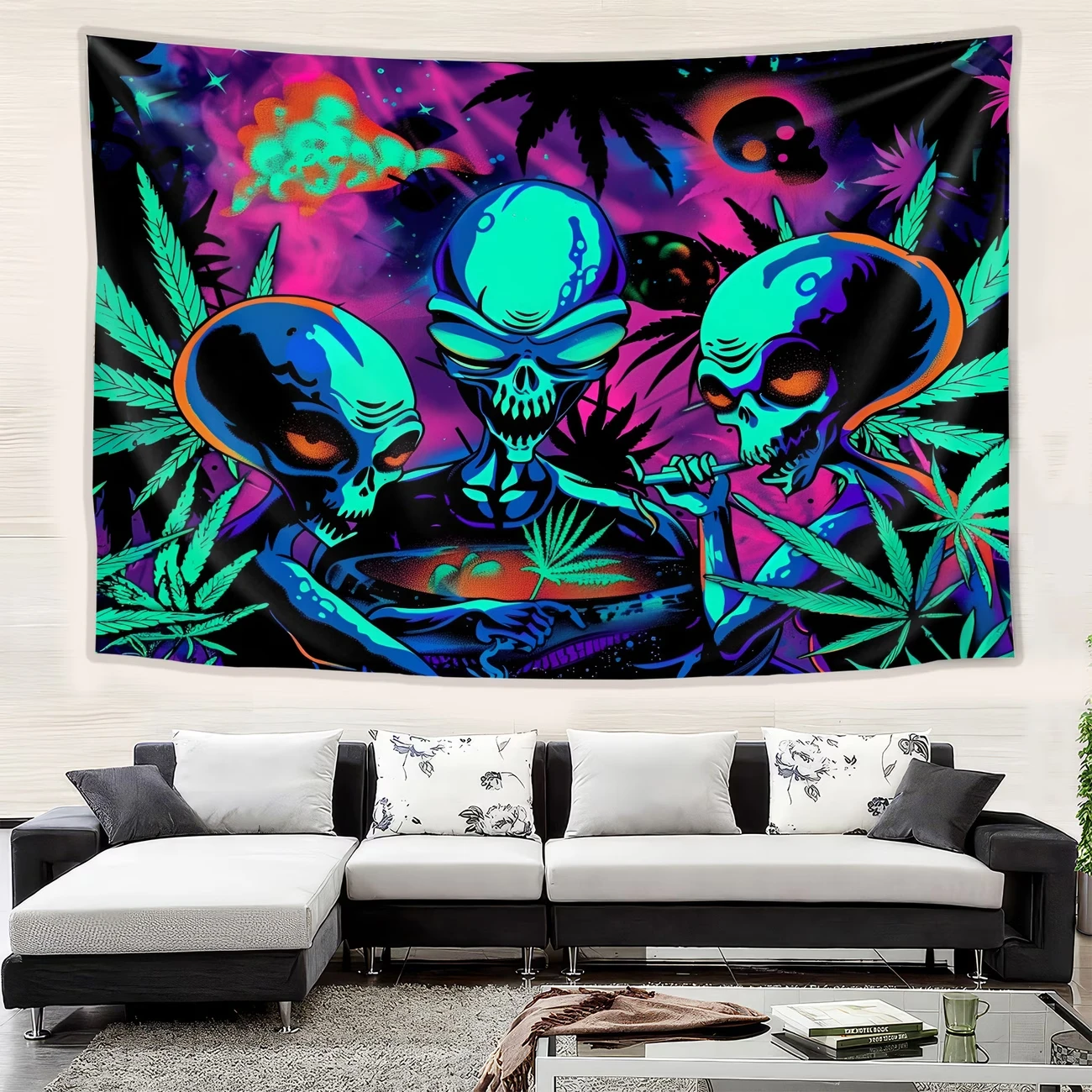 VIKAMA Psychedelic Space Alien Tapestry, Trippy Skull Weed Leaf Wall Decor, Aesthetic Hippie Tapestry for Teen Room