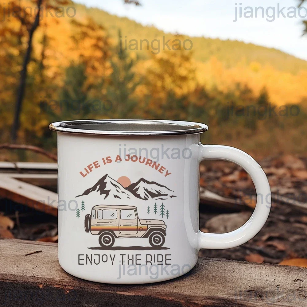 Life Is A Journey Enjoy The Ride Print Camping Mug Adventure Campfire Party Beer Juice Cup Mountain Handle Cups Gifts for Camper