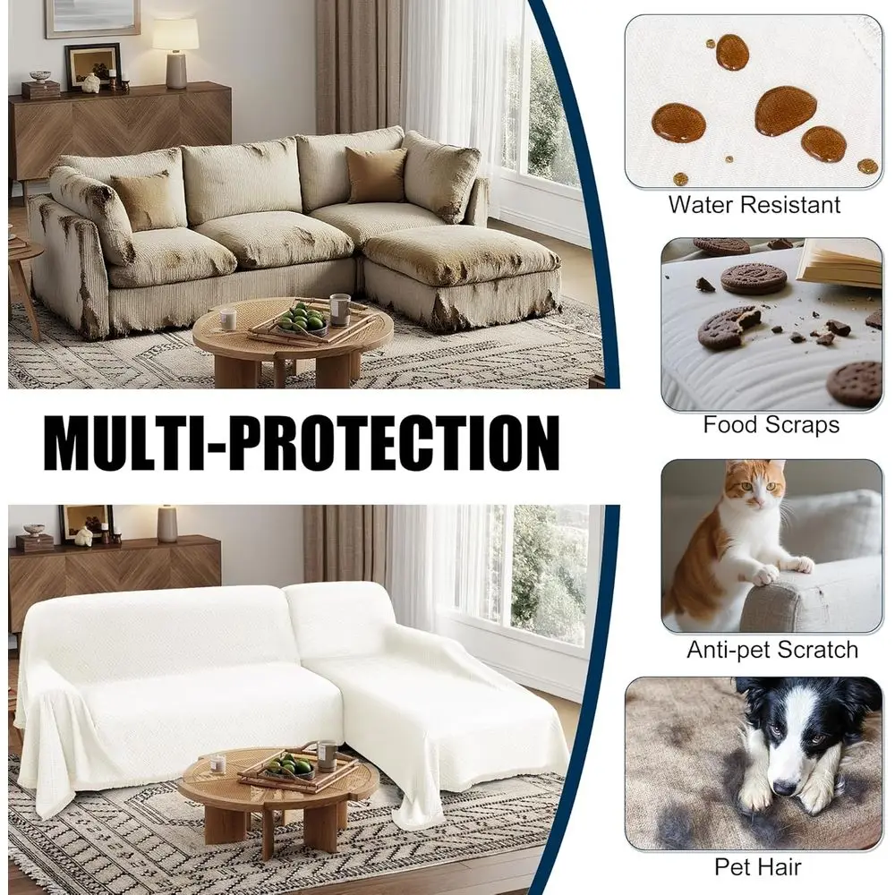Sarung Sofa Seksional Bentuk L 2 Bagian Anti Air, Berbahan Jacquard Quilted, Dapat Dicuci untuk Anjing dan Kucing, Ekstra Besar, Putih Krem
