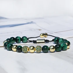 Luxury Green Crystal Tiger Eye Stone Bracelet for Men Pave CZ Ball Beads Charms Women Bracelets Couple Jewelry Pulsera Gifts