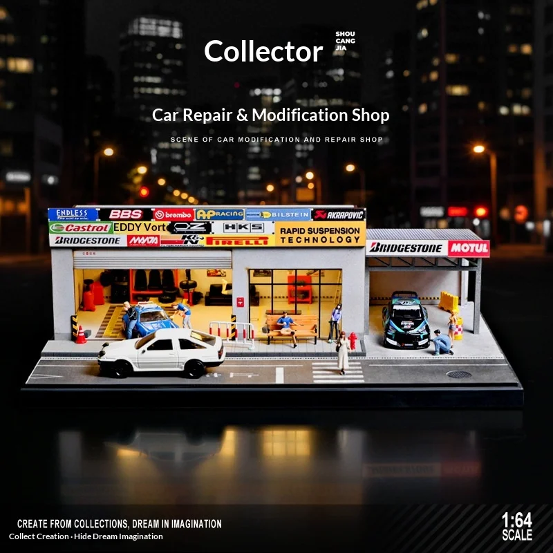 Collector‘s 1:64 JP-style Auto Tuning & Repair Shop Diorama with LED Lights – Includes 3 Random Figurines & Scene Accessories