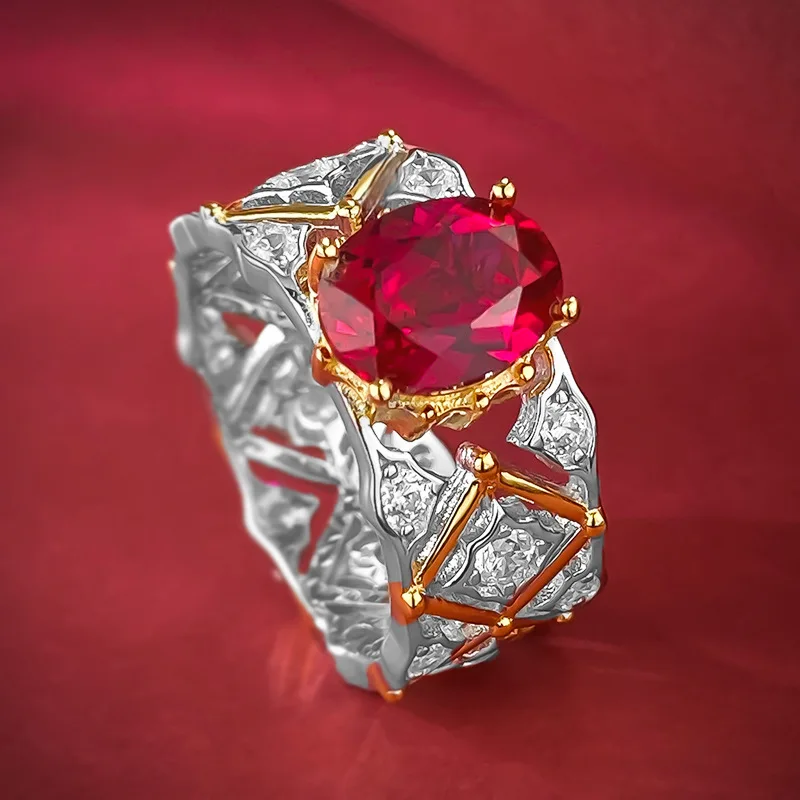 2023 New European, American, and Italian Crafts Palace Retro 7 * 9mm Pigeon Blood Red Ring Celebrity Style