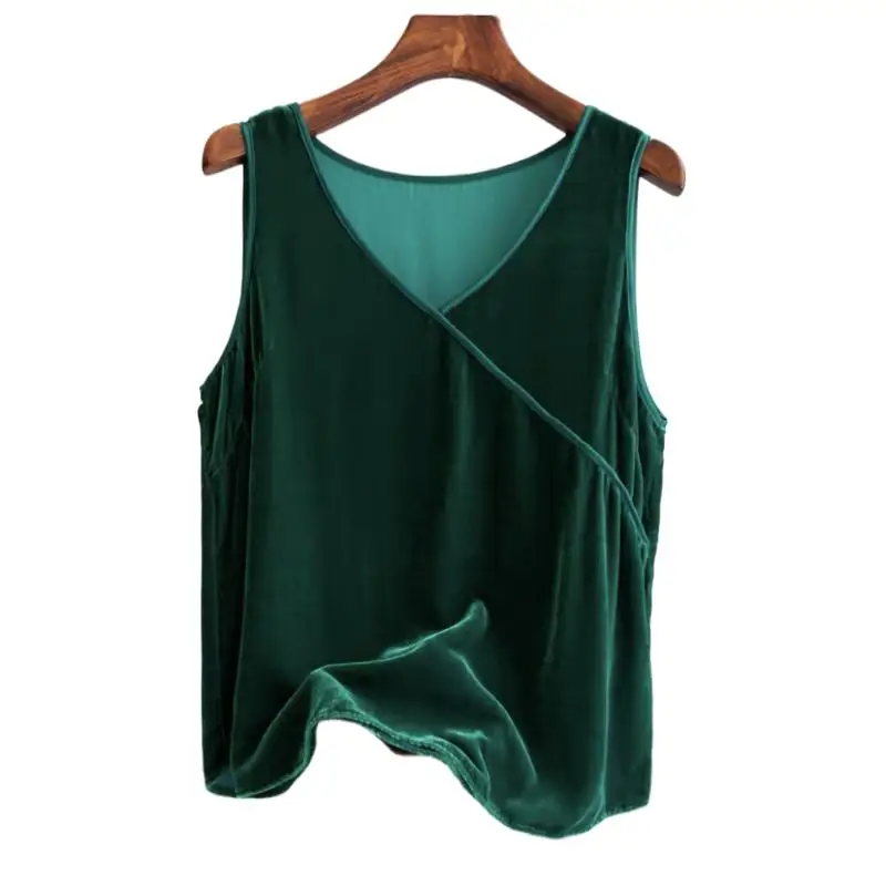 Women vest 2026 Summer Vintage velour tank tops blusa feminina elegante Female Vnexk Velvet vests Black purple blue pink blouses