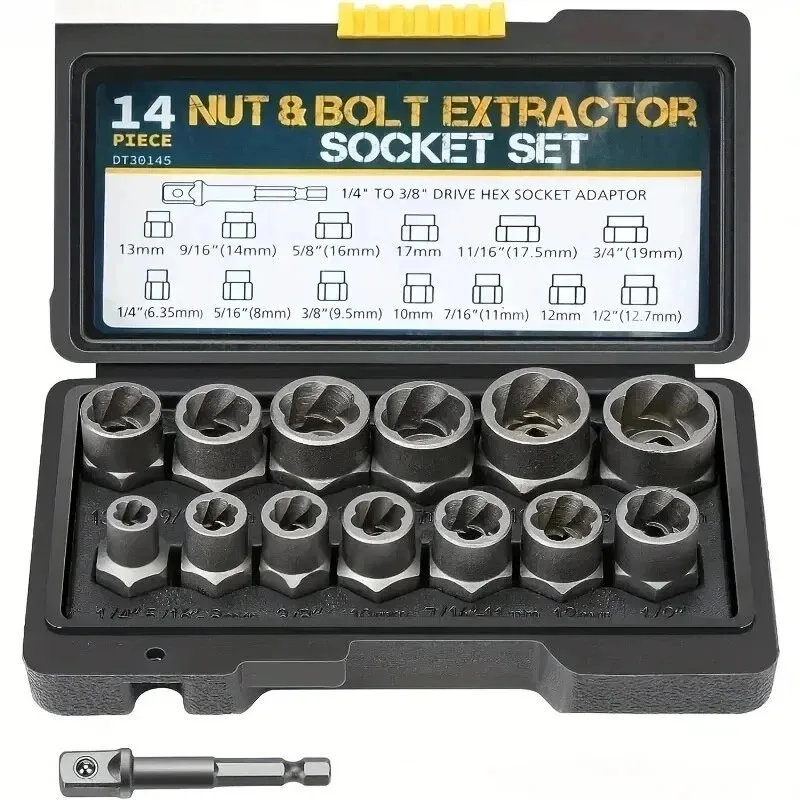 14 Pieces Impact Bolt & Nut Remover Set Cr-Mo Steel Bolt Extractor Tool Set with Solid Storage Case for Industrial Drop Shipping