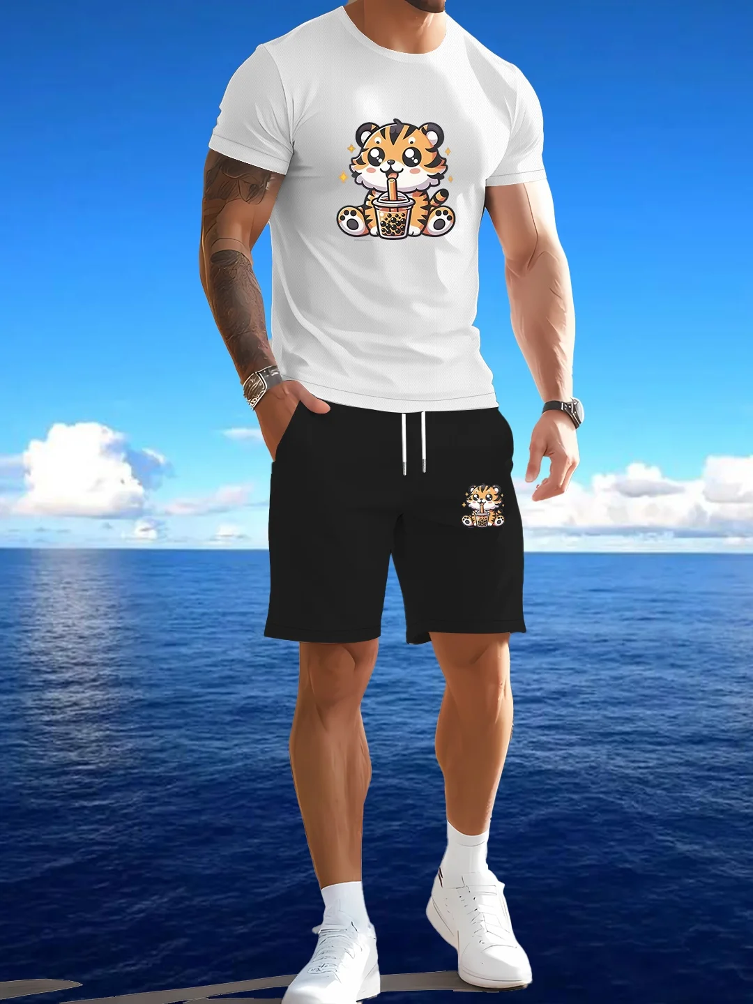 طقم صيفي جديد مطبوع للرجال كاجوال رياضي بأكمام قصيرة مكون من قطعتين #2