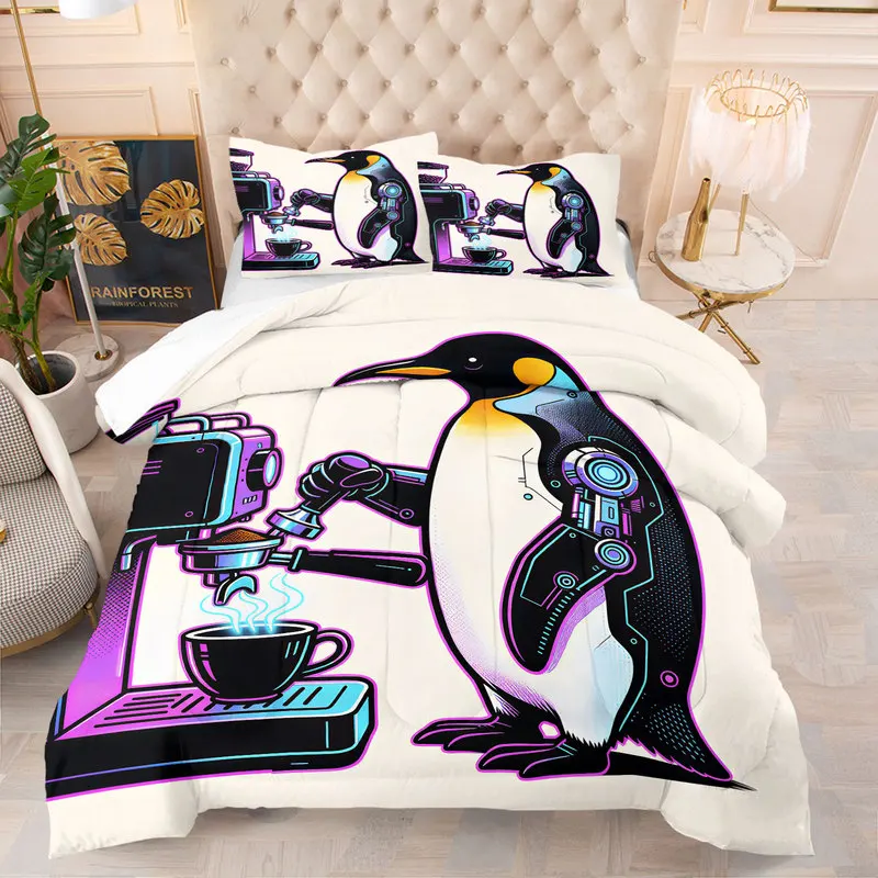 Cute Coffee Penguin Print Comforter Set Cartoon Quilt Bedding Set With Pillowcases Fashion Soft For Bedroom Dorm Sofa Decor