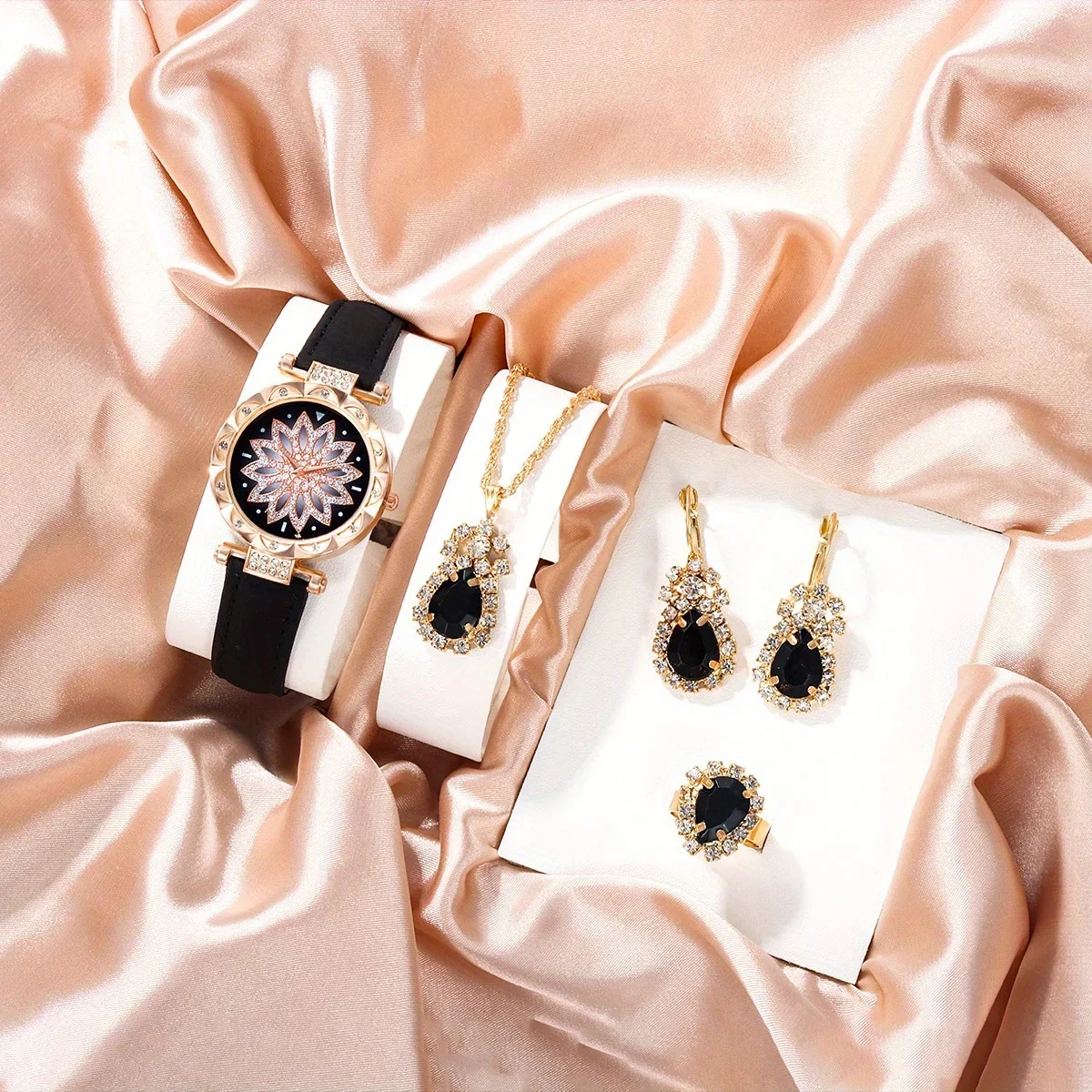 Роскошные кварцевые часы со стразами, аналоговые наручные часы из искусственной кожи с блестящими цветами и комплект ювелирных изделий из 4 предметов, подарок для мамы/еи