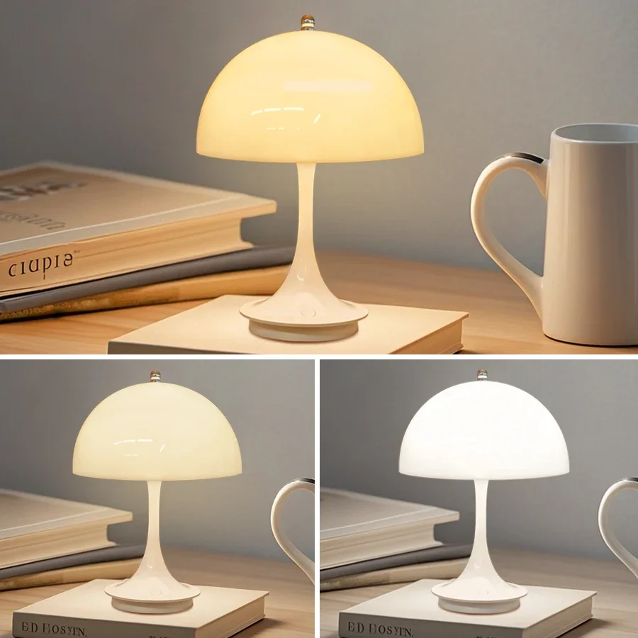 Rechargeable LED Mushroom Table Lamp Portable 3 Colors Dimming Touch Night Light Atmosphere Lamp for Bedroom Bedside Coffee Bar