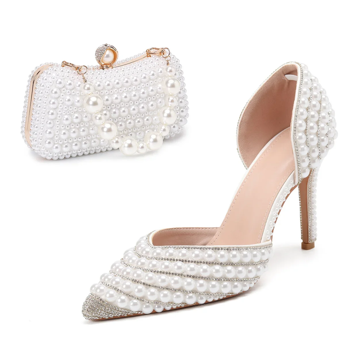 Women's Elegant Pearl Handbag Shoe Bag Combination for Banquets High-Heeled Rhinestone Accessories Slip-On Summer Fashion Trends