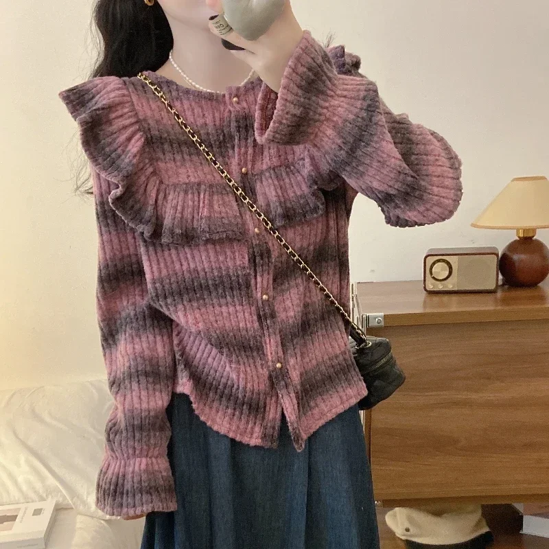 

Gradient Striped Knitted Cardigan Women Autumn and Winter New Long Sleeve Womens Casual Versatile Thin Tops Female