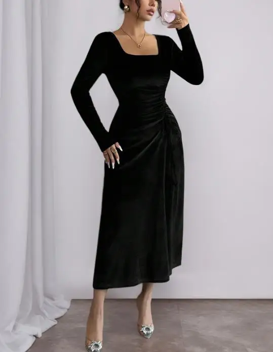 

Women Dresses 2026 Spring Autumn New Retro Black Velvet Square Neck Side Waist Fold Slim Fit Long Sleeve Casual Long Dress