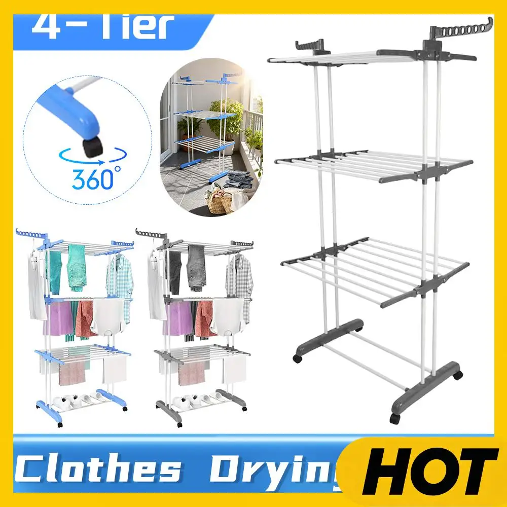 

4-Tier Foldable Rolling Clothes Dryer Rack Free Standing Laundry Rack with 4 360° Casters 2 Side Wings Rustproof for Towels Clot