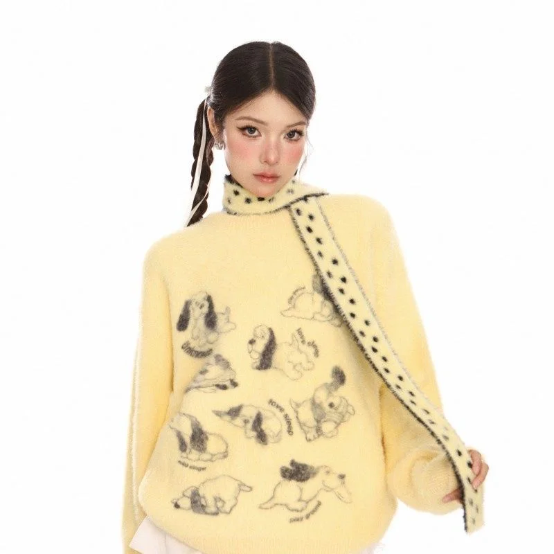 

Fun Puppy Design Soft Glutinous Sweater for Women in Autumn and Winter Lazy Style with Scarf Knitted Top Two Set