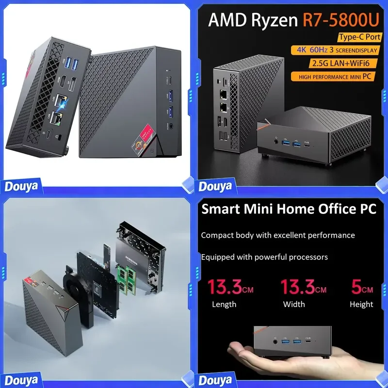 R7 5800U Portable Mini Desktop Computer AMD Gaming Mini PC DDR4 Win 11 Office Fanless Industrial PC EU/UK Plug SSD/HDD