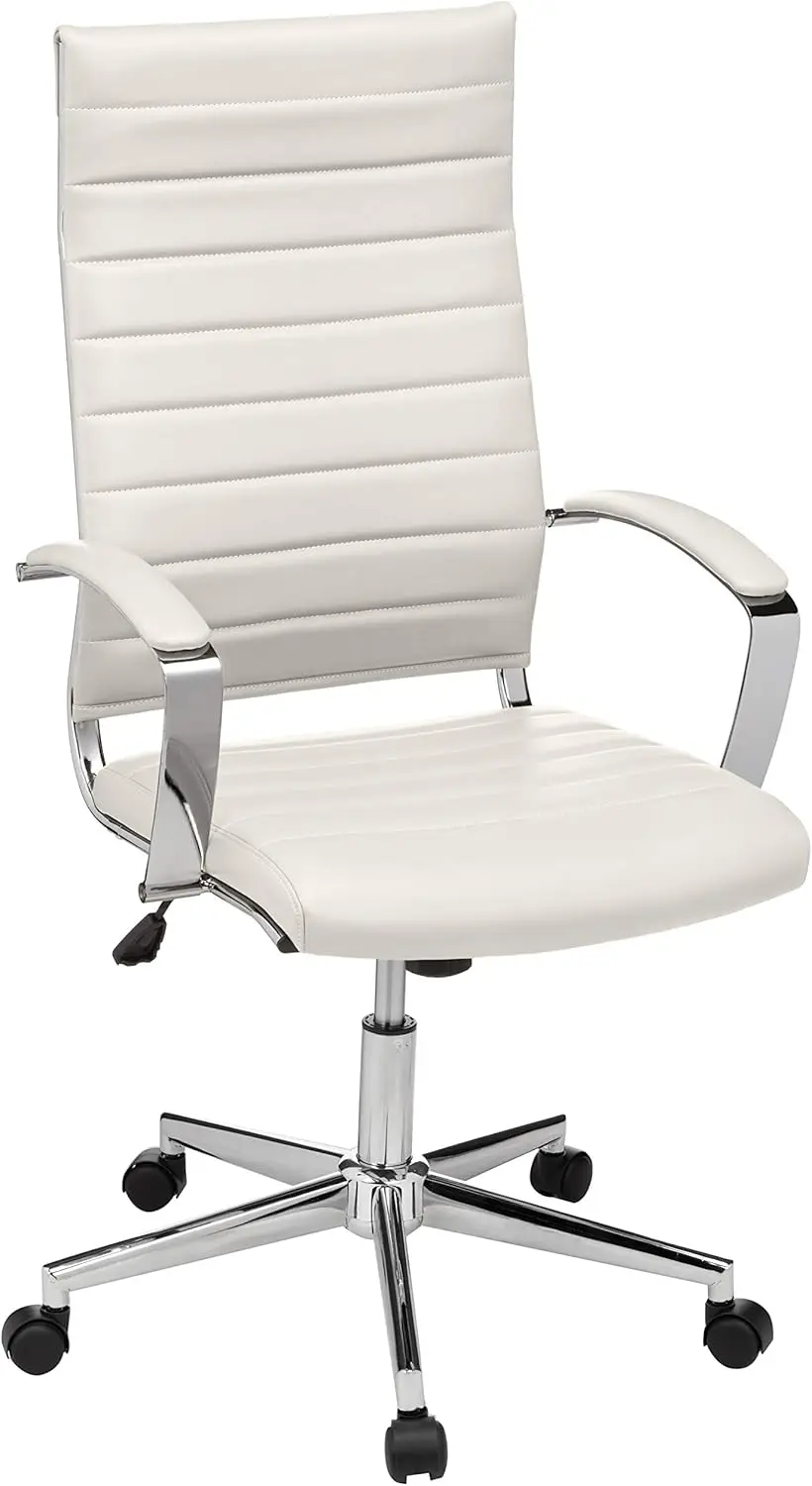 Basics Silla de escritorio giratoria con respaldo alto, tapizado ergonómico de piel sintética acanalada, soporte lumbar, estilo moderno para el hogar, impresionante blanco,