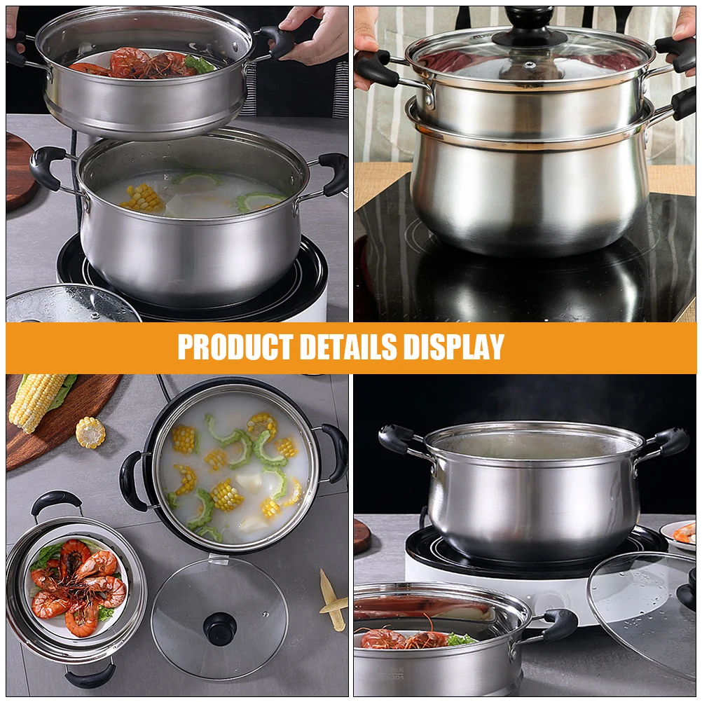 

1 Set Stainless Steel Steam Pot Stackable Kitchen Cooking Steaming Soup Noodles Hot Pot Reusable Steamer Basket Non-Slip Handles