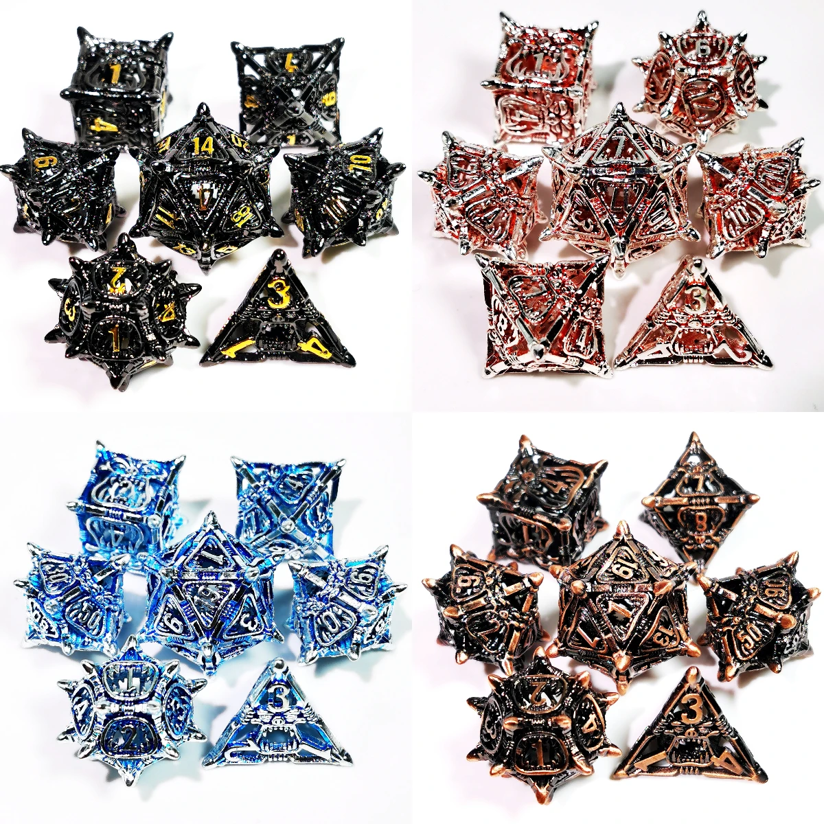"DnD Dice Set - 7 Piece Sharp Edge Zinc Alloy Dice, Metal Hollow Beast Pattern, Silver for RPG & Tabletop Games"
