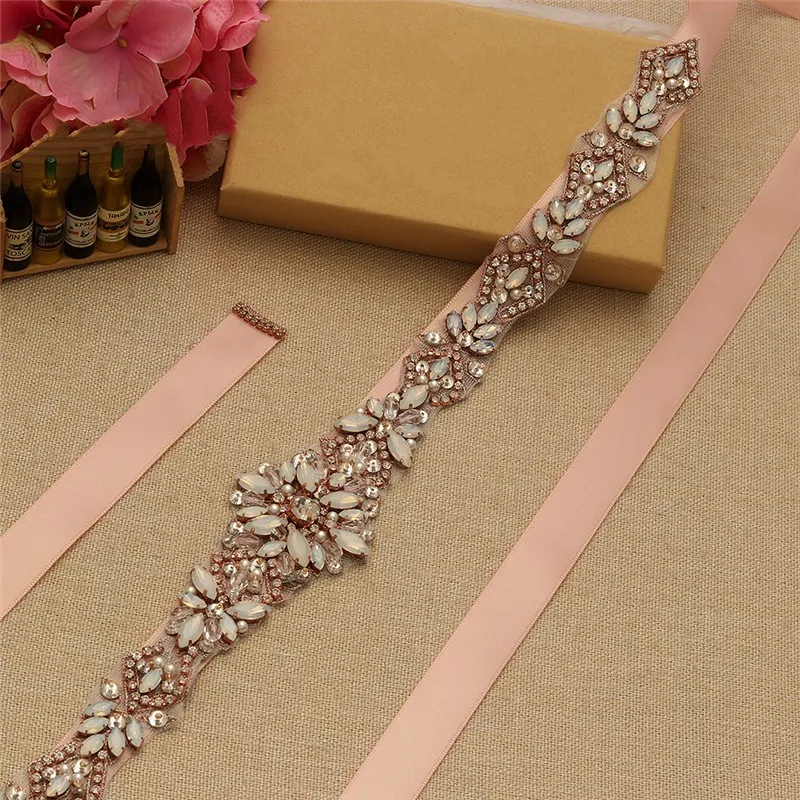 Rose Gold Color  Opal Crystal Bridal Sash Pearls Wedding Dress Waistband Dress Belt Accessories