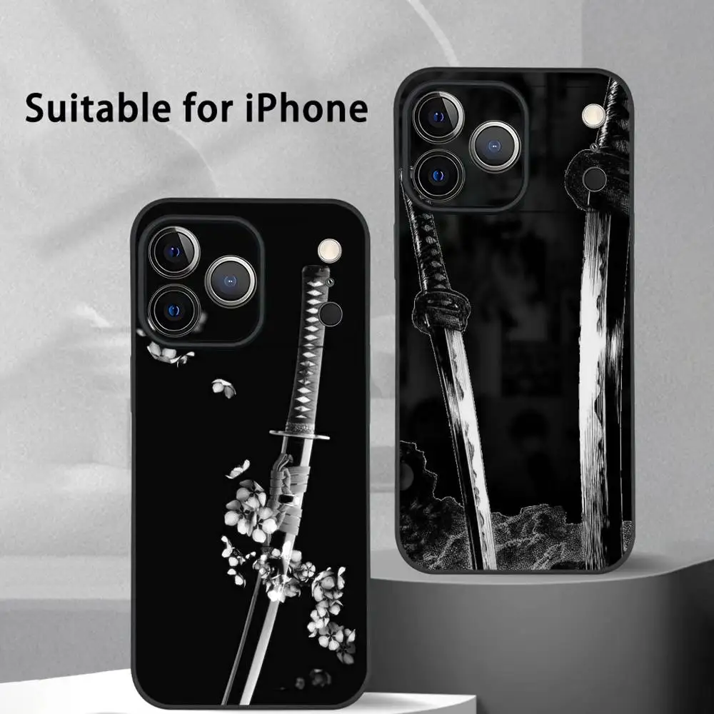 Japan Samurai Schwert Coole Telefon Fall Für IPhone 17 16 15 14 13 12 11 Pro Max Plus Mini Schwarz Matt Soft Shell Funda