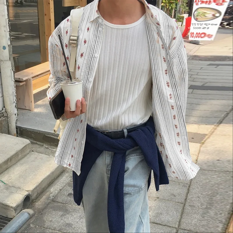 

INCERUN Мужская рубашка в полоску с принтом и лацканами с длинным рукавом, свободная мужская одежда, уличная одежда, 2026, модные повседневные топы, мужские рубашки S-5XL