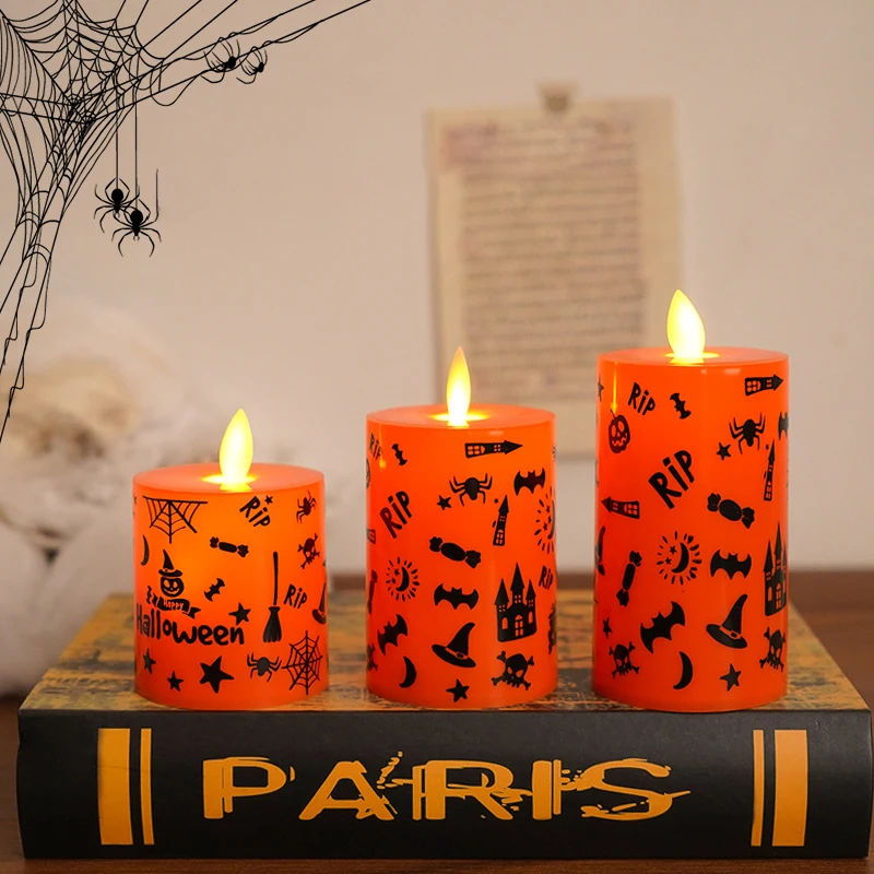 Electronic Candle Light LED Halloween Lights Indoor Flickering Flame Graffiti Pattern Atmosphere Light Flameless Battery