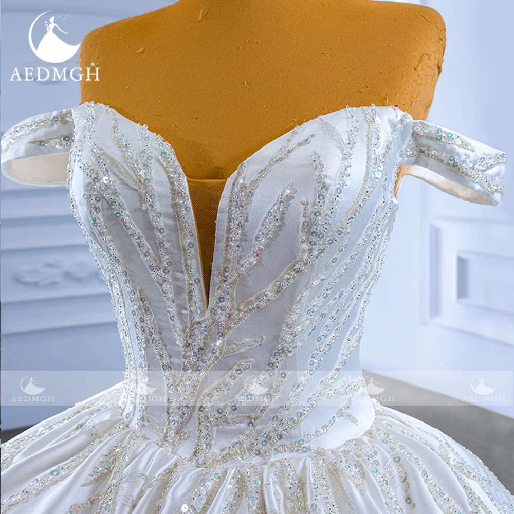 Aedmgh Ball Gown Abiti da sposa in raso Sweetheart con spalle scoperte Semplice Vestido De Novia Abito da sposa su misura con paillettes in pizzo