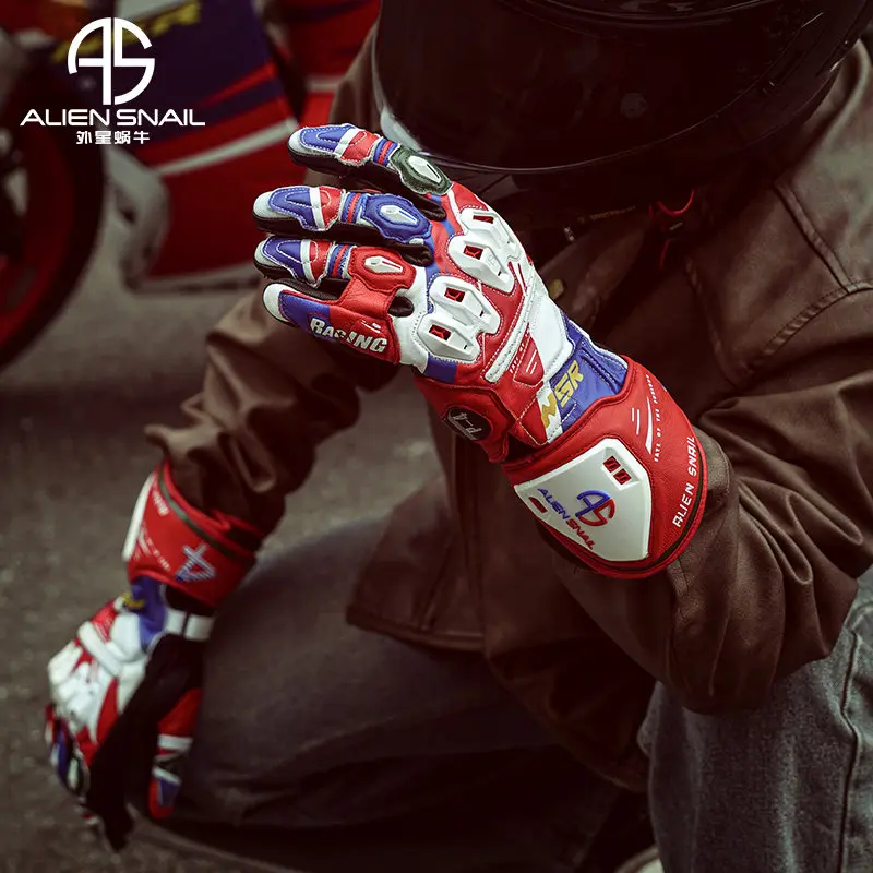 New ALIEN SNAIL Motorcycle Racing Gloves Full‑Finger Protective Cowhide TPR Anti‑fall Riding Gloves Men Women Motorcross Guantes