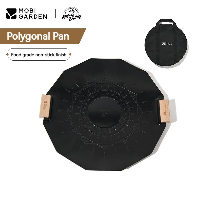 MOBI GARDEN Camping Polygonal Frying Pan Aluminum Alloy Flat-Bottomed Non-Stick Pan Outdoor Picnic Cassette Stove Black Plate