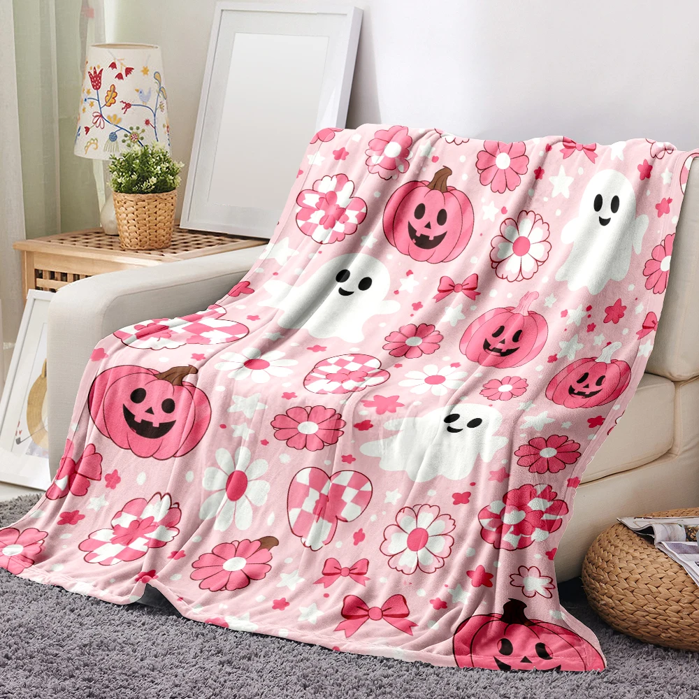 1PC Pink Halloween Ghost and Pumpkin Print Blanket-Made of soft, fluffy flannel, perfect for a sofa, bed or lounge chair. Ideal