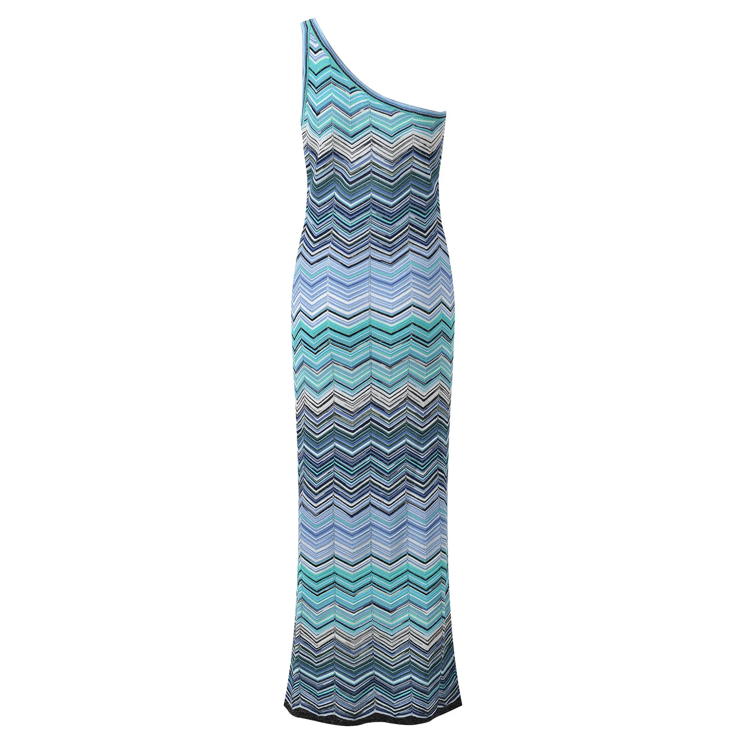 2026 Summer Stylish Design Inclined Shoulde Lady Fashion Sleeveless Wear Gradient Color Wavy Knitted Slips Long Dress for Women