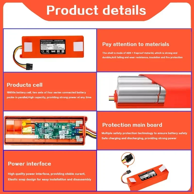 Replacement Battery for Xiaomi Roborock, Robotic Vacuum Cleaner, S55, S60, S65, S50, S51, S5 MAX, S6 Parts, 14.4V, 12800mAh